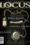 Cover of March 2020 issue of Locus, brass antique lightbulb with an elaborate socket that wraps around an porcelain doll arm.