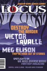 Cover of November 2020 issue of Locus, purple tendrils appearing from the sky and descending onto a purple landscape of mountains.