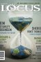 Cover of December 2020 issue of Locus, half completed hourglass where the sand is the planet Earth.