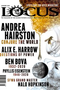 Cover of January 2021 issue of Locus, honeycomb dripping honey onto a gray Earth with smoke appearing below it and a honey bee sitting on the smoke.