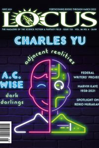 Cover of June 2021 issue of Locus, neon sign of half a smiling man on the left and half robotic man on the right.