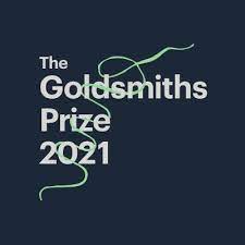 Goldsmiths prize logo featuring white letters on a black background with green thread looping through the words