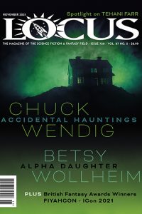 November 2021 Locus magazine cover, spooky house on a hill with green fog.