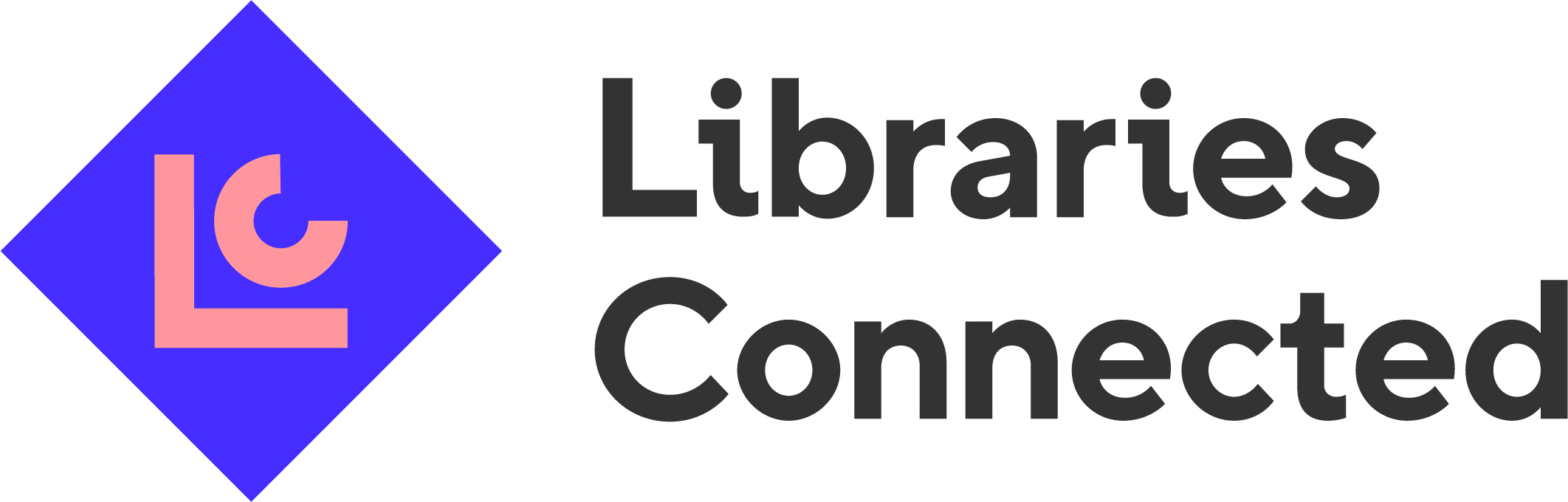 banner for Libraries Connected with letters LC in mauve on a purple background