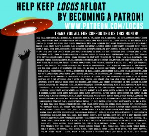 Locus Patreon thank you supporters graphic, depicting a cow being beamed up by a spaceship and listing donor names.
