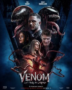 movie poster of Venom: Let There Be Carnage with top cast in foreground and venom and carnage in background