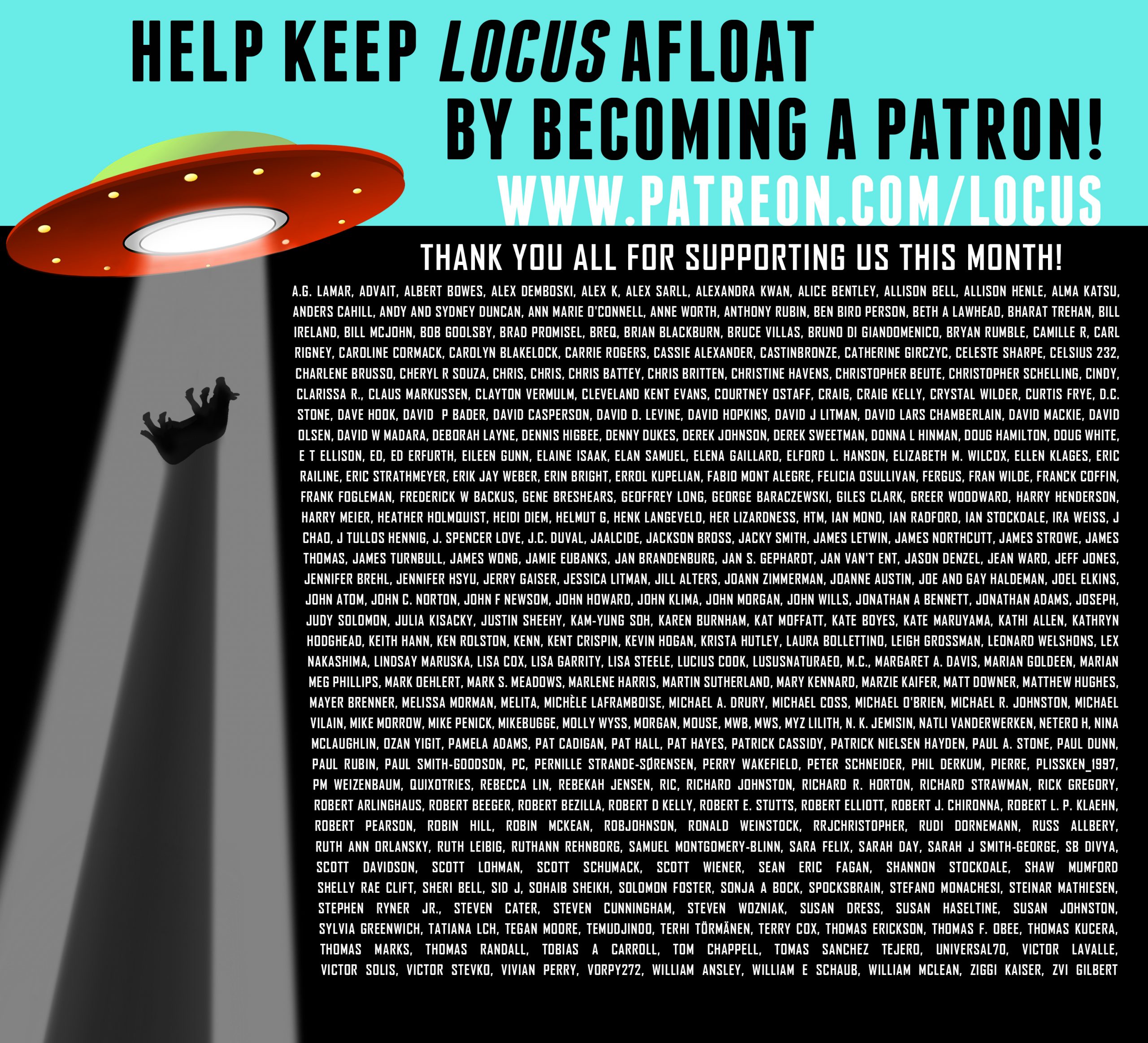 Locus Patreon Thank you graphic, depicting cow beaming up to spaceship and long list of supporter names