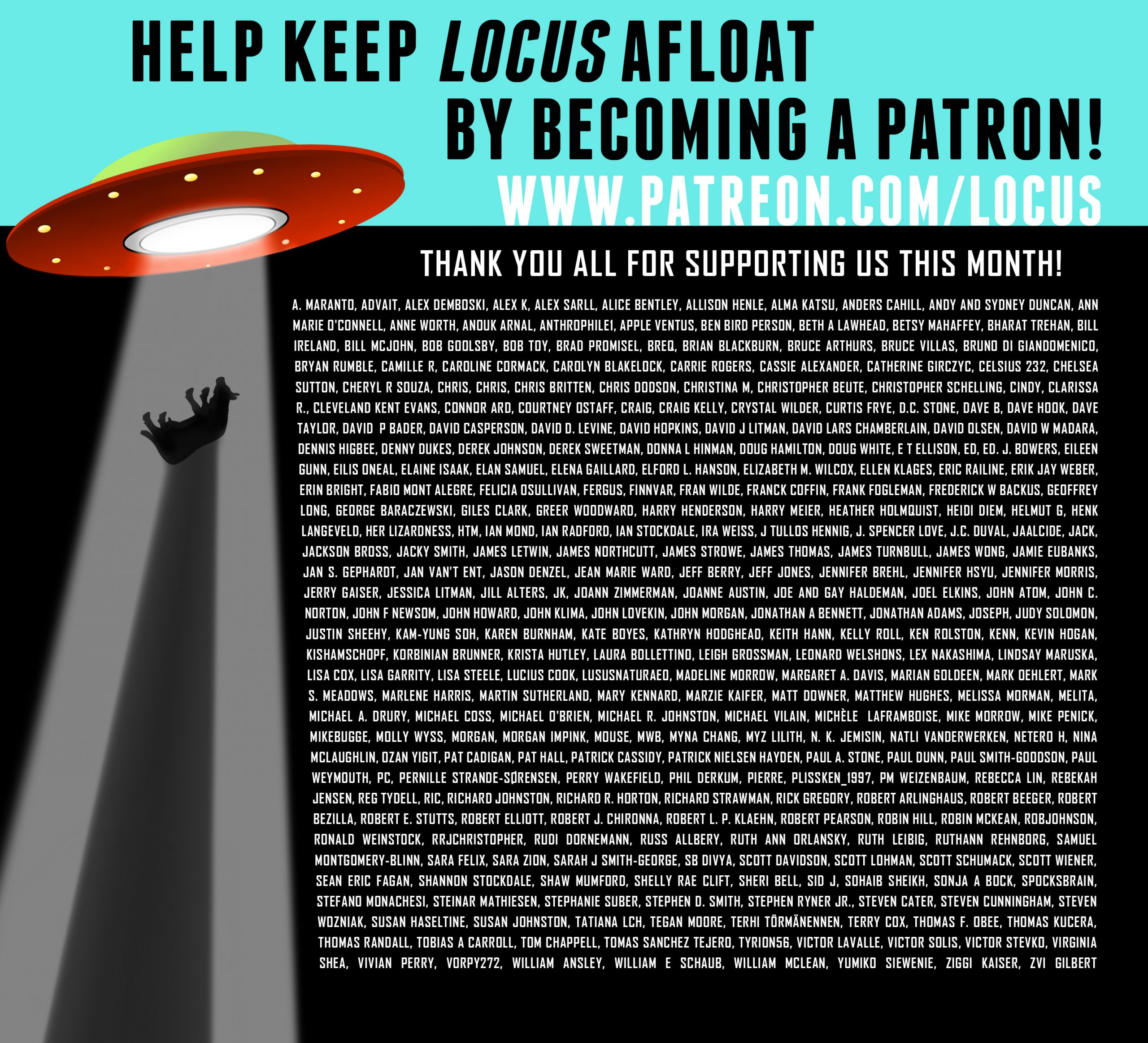Locus Patreon Thank you graphic, depicting cow beaming up to spaceship and long list of supporter names