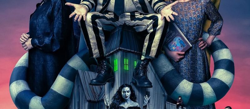 Poster of the Beetlejuice 2 movie, shows many characters in a cemetery