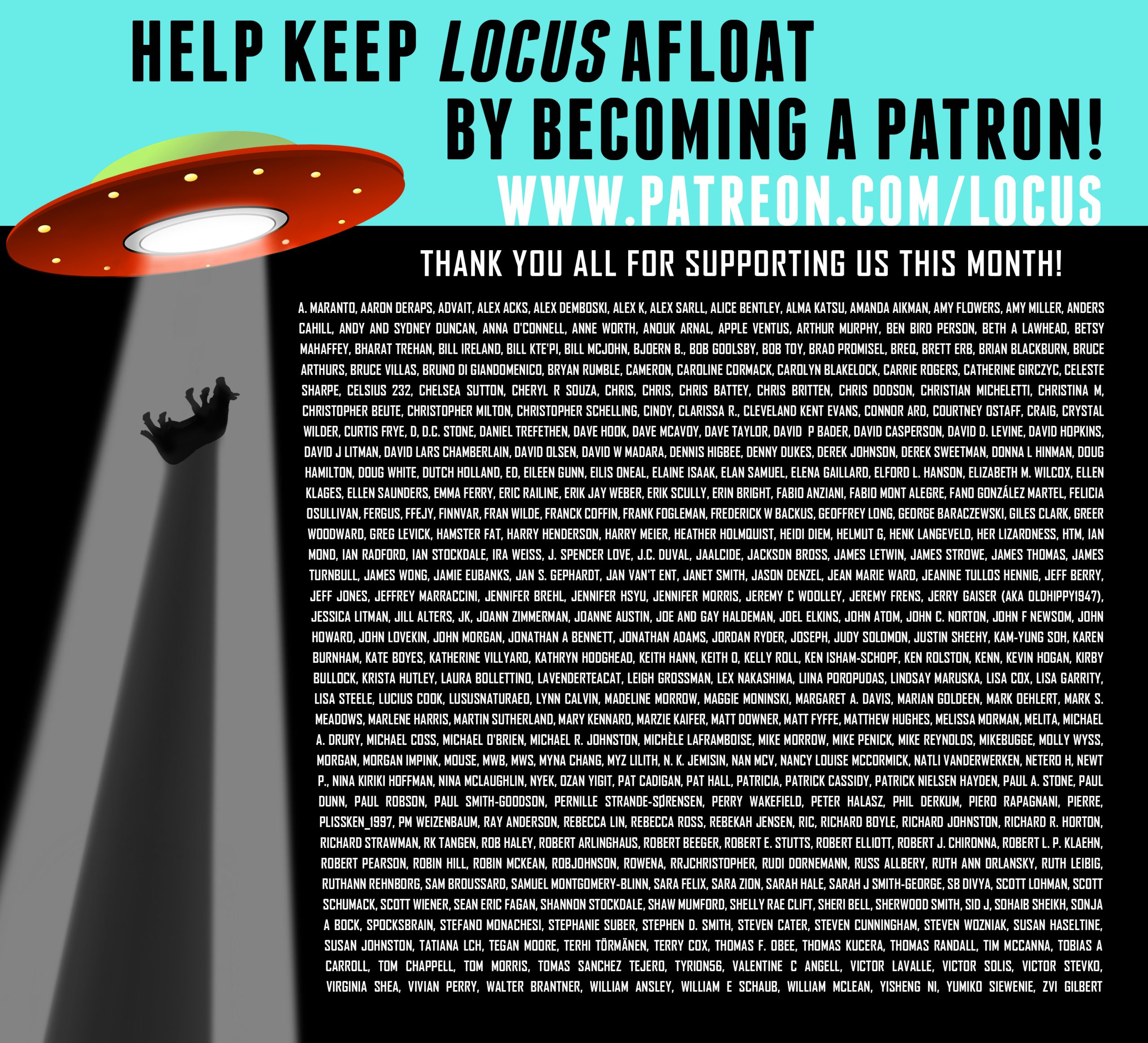 Locus Patreon Thank you graphic, depicting cow beaming up to spaceship and long list of supporter names