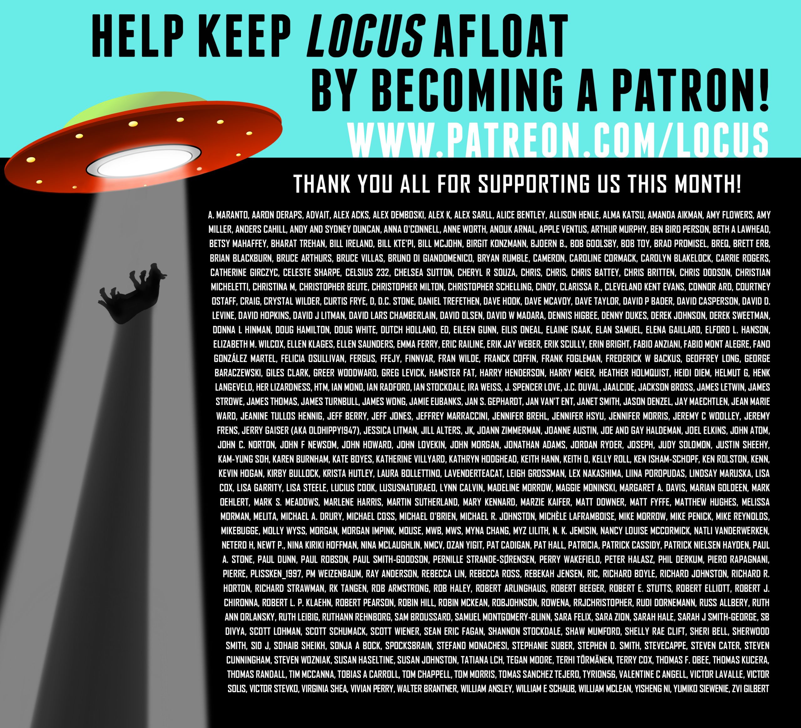 Locus Patreon Thank you graphic, depicting cow beaming up to spaceship and long list of supporter names