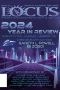 Locus February 2025 cover: a purple futuristic city with a flying ship and highway grid