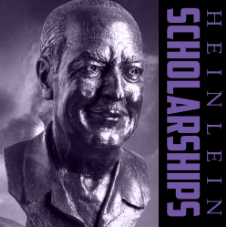 Image that reads "Heinlein Scholarships," with a bust of Robert A. Heinlein