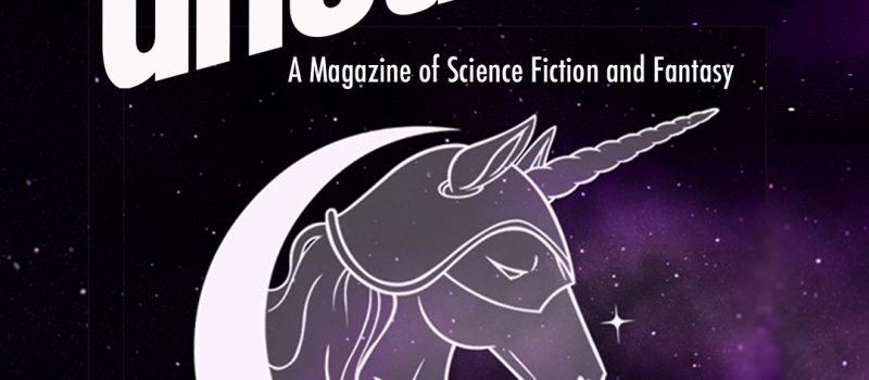 A purple space background with the Uncanny logo, a unicorn, and the magazine's name