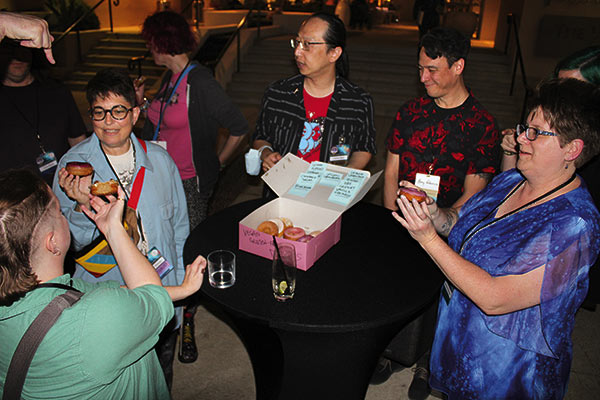 Photo of Sarah Gailey, Annalee Newitz, Curtis Chen (donut donor), Remy Nakamura, Rebekah Postupak