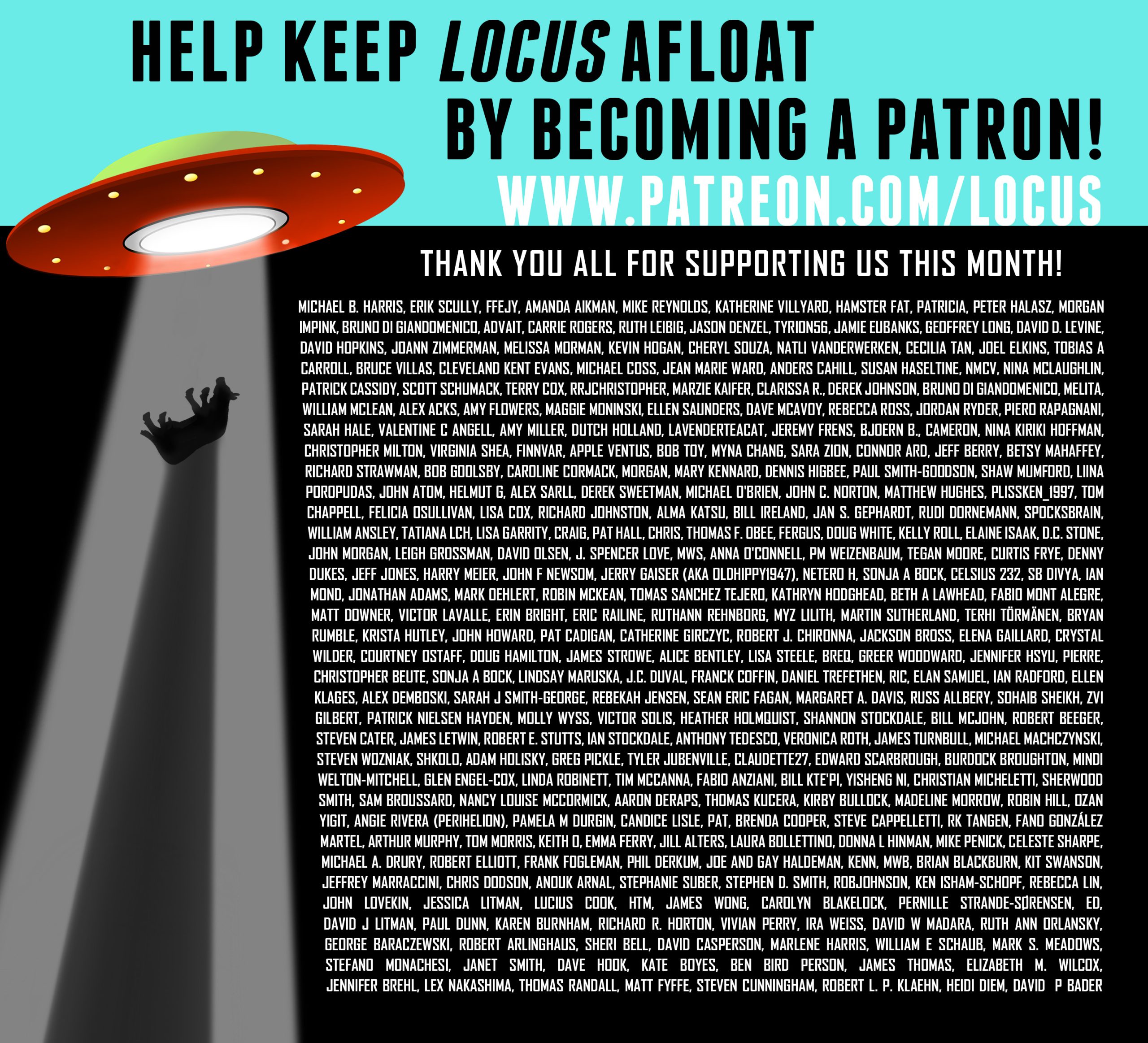 Locus Patreon Thank you graphic, depicting cow beaming up to spaceship and long list of supporter names