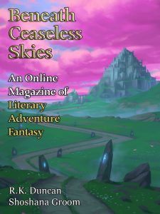 Cover of Beneath Ceaseless Skies, purple sky, mountain, green grass