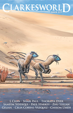 cover of clarkesworld, alien creatures near a river